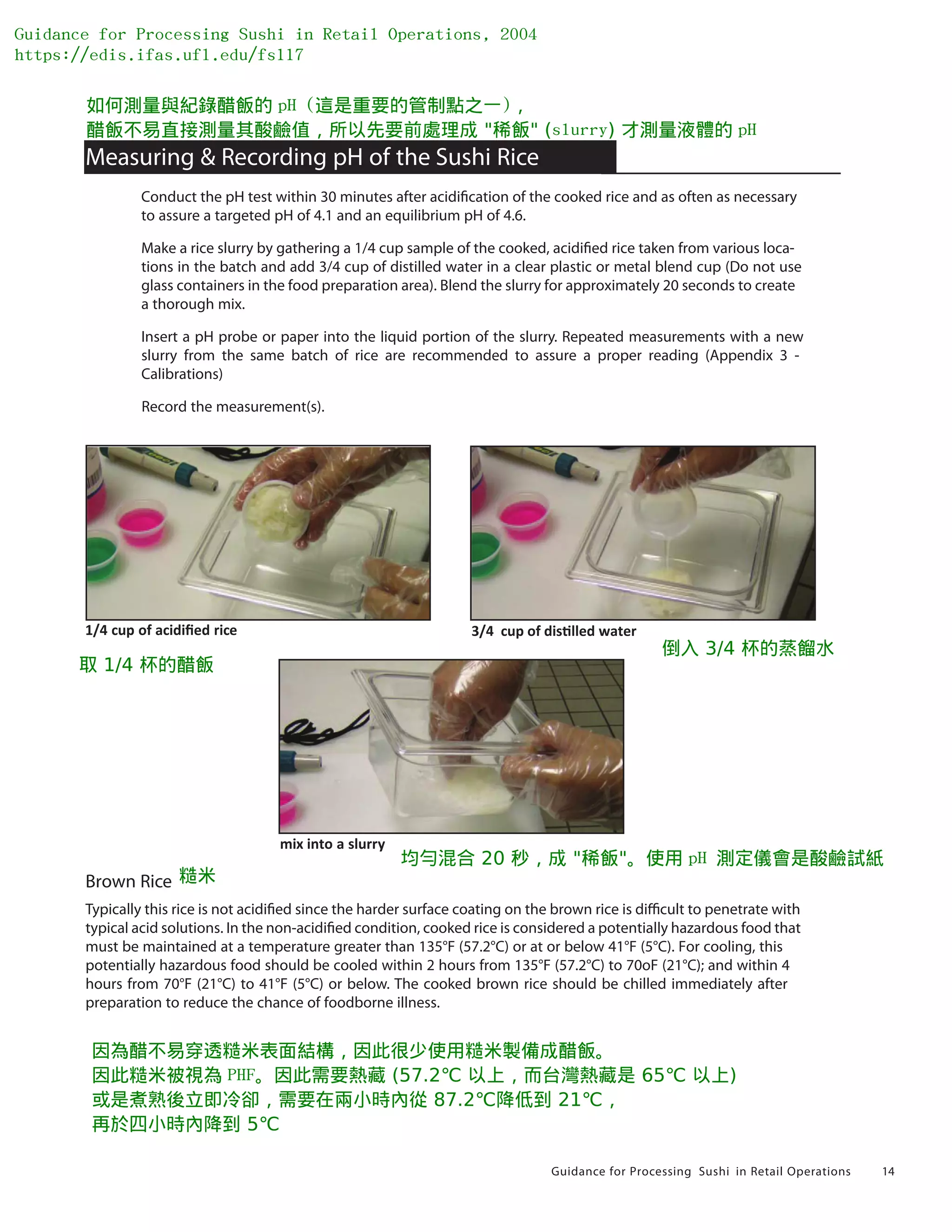 Guidance for Processing Sushi in Retail Operations 14
Measuring & Recording pH of the Sushi Rice
Conduct the pH test within 30 minutes after acidi�cation of the cooked rice and as often as necessary
to assure a targeted pH of 4.1 and an equilibrium pH of 4.6.
Make a rice slurry by gathering a 1/4 cup sample of the cooked, acidi�ed rice taken from various loca-
tions in the batch and add 3/4 cup of distilled water in a clear plastic or metal blend cup (Do not use
glass containers in the food preparation area). Blend the slurry for approximately 20 seconds to create
a thorough mix.
Insert a pH probe or paper into the liquid portion of the slurry. Repeated measurements with a new
slurry from the same batch of rice are recommended to assure a proper reading (Appendix 3 -
Calibrations)
Record the measurement(s).
Brown Rice
Typically this rice is not acidi�ed since the harder surface coating on the brown rice is di�cult to penetrate with
typical acid solutions. In the non-acidi�ed condition, cooked rice is considered a potentially hazardous food that
must be maintained at a temperature greater than 135°F (57.2°C) or at or below 41°F (5°C). For cooling, this
potentially hazardous food should be cooled within 2 hours from 135°F (57.2°C) to 70oF (21°C); and within 4
hours from 70°F (21°C) to 41°F (5°C) or below. The cooked brown rice should be chilled immediately after
preparation to reduce the chance of foodborne illness.
1/4 cup of acidiﬁed rice
mix into a slurry
3/4 cup of distilled water
Guidance for Processing Sushi in Retail Operations, 2004
https://edis.ifas.ufl.edu/fs117
糙米
因為醋不易穿透糙米表面結構，因此很少使用糙米製備成醋飯。
因此糙米被視為 PHF。因此需要熱藏 (57.2℃ 以上，而台灣熱藏是 65℃ 以上)
或是煮熟後立即冷卻，需要在兩小時內從 87.2℃降低到 21℃，
再於四小時內降到 5℃
如何測量與紀錄醋飯的 pH (這是重要的管制點之一)，
醋飯不易直接測量其酸鹼值，所以先要前處理成 "稀飯" (slurry) 才測量液體的 pH
取 1/4 杯的醋飯
倒入 3/4 杯的蒸餾水
均勻混合 20 秒，成 "稀飯"。使用 pH 測定儀會是酸鹼試紙
 