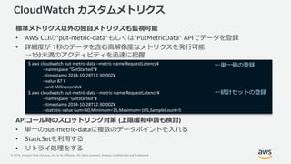 © 2018, Amazon Web Services, Inc. or its Affiliates. All rights reserved. Amazon Confidential and Trademark
CloudWatch カスタムメトリクス
標準メトリクス以外の独自メトリクスも監視可能
• AWS CLIの”put-metric-data”もしくは”PutMetricData” APIでデータを登録
• 詳細度が 1秒のデータを含む高解像度なメトリクスを発行可能
→1分未満のアクティビティを迅速に把握
APIコール時のスロットリング対策 (上限緩和申請も検討)
• 単一のput-metric-dataに複数のデータポイントを入れる
• StaticSetを利用する
• リトライ処理をする
$ aws cloudwatch put-metric-data –metric-name RequestLatency¥
--namespace "GetStarted“¥
--timestamp 2014-10-28T12:30:00Z¥
--value 87 ¥
--unit Milliseconds¥
$ aws cloudwatch put-metric-data --metric-name RequestLatency¥
--namespace "GetStarted“¥
--timestamp 2014-10-28T12:30:00Z¥
--statistic-value Sum=60,Minimum=15,Maximum=105,SampleCount=5
←単一値の登録
←統計セットの登録
 