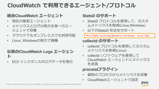 © 2018, Amazon Web Services, Inc. or its Affiliates. All rights reserved. Amazon Confidential and Trademark
CloudWatch で利用できるエージェント/プロトコル
統合CloudWatch エージェント
• 現在の推奨エージェント
• メトリクスとログの両方を単一のエー
ジェントで収集
• クラウドでもオンプレミスでも利用可能
• Linux, Windowsの両方で稼働
以前のCloudWatch Logs エージェン
ト
• EC2 インスタンスのログデータを発行
StatsD のサポート
• StatsD プロトコルを使用して、カスタ
ムメトリクスを取得(Linux,Windows)
• 以下のStatsD 形式をサポート
collectd のサポート
• collectd プロトコルを使用してカスタム
メトリクスを取得(Linux)
• collectd ソフトウェアを使用して
CloudWatch エージェントにメトリクス
を送信
procstatプラグイン
• 個別のプロセスからメトリクスを収集
• CloudWatchエージェントで設定
MetricName:value|type|@sample_rate|#tag1: value,tag1...
 