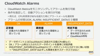 © 2018, Amazon Web Services, Inc. or its Affiliates. All rights reserved. Amazon Confidential and Trademark
CloudWatch Alarms
• CloudWatch Metricsをモニタリングしてアラームを発行可能
• 条件を指定して、自動アクションを実行が可能
• 例えば、CPU利用率が80%を超えた時にアラートメールを通知等
• アラームの状態はOK, ALARM, INSUFFICIENT_DATAの３種類
OK ALARM INSUFFICIENT_DATA
正常値
 定義された閾値を下
回っている
異常値
 定義された閾値を上
回っている
判定不能
 データ不足のため状
態を判定できない
 CloudWatch特有
• データポイントとはCloudWatchに送信される値(CPU値など)
• OK / アラーム時は入力されたデータポイントを基準に状態評価
• INSUFFIENT_DATA時はCloudWatchにテータポイントの入力が十分に無い状態
→ “INSUFFICIENT_DATA”は必ずしも障害を表すステータスではない
 