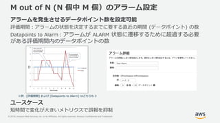© 2018, Amazon Web Services, Inc. or its Affiliates. All rights reserved. Amazon Confidential and Trademark
M out of N (N 個中 M 個）のアラーム設定
アラームを発生させるデータポイント数を設定可能
評価期間：アラームの状態を決定するまでに要する直近の期間 (データポイント) の数
Datapoints to Alarm：アラームが ALARM 状態に遷移するために超過する必要
がある評価期間内のデータポイントの数
ユースケース
短時間で変化が大きいメトリクスで誤報を抑制
※例：[評価期間] および [Datapoints to Alarm] はどちらも 3
 