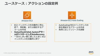 © 2018, Amazon Web Services, Inc. or its Affiliates. All rights reserved. Amazon Confidential and Trademark
ユースケース：アクションの設定例
• EC2 インスタンスを自動的に停止、
終了、再起動、または復旧するア
ラームを作成
• StatusCheckFailed_Systemアラー
ムがトリガーとしたAutoRecovery
• 一定のしきい値に達したときに EC2
インスタンスを自動的に終了
• AutoScalingのEC2インスタンス台
数を増減するアラームを作成
• 負荷に応じてリソースを調整
Amazon EC2 Amazon EC2 Auto Scaling
 