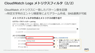 © 2018, Amazon Web Services, Inc. or its Affiliates. All rights reserved. Amazon Confidential and Trademark
CloudWatch Logs メトリクスフィルタ（2/2）
CloudWatch メトリクスに一致したパターン数を記録
→特定文字列のエントリ頻度等によりアラーム作成、SNS連携が可能
• 定義したパターンに一致した
時にメトリクスにパブリッ
シュされる値
• 単純なパターン数を求める時
は１を指定
 