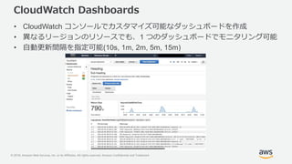 © 2018, Amazon Web Services, Inc. or its Affiliates. All rights reserved. Amazon Confidential and Trademark
CloudWatch Dashboards
• CloudWatch コンソールでカスタマイズ可能なダッシュボードを作成
• 異なるリージョンのリソースでも、1 つのダッシュボードでモニタリング可能
• 自動更新間隔を指定可能(10s, 1m, 2m, 5m, 15m)
 