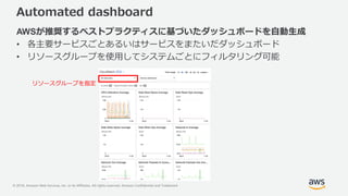 © 2018, Amazon Web Services, Inc. or its Affiliates. All rights reserved. Amazon Confidential and Trademark
Automated dashboard
AWSが推奨するベストプラクティスに基づいたダッシュボードを自動生成
• 各主要サービスごとあるいはサービスをまたいだダッシュボード
• リソースグループを使用してシステムごとにフィルタリング可能
リソースグループを指定
 