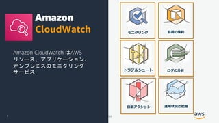 © 2018, Amazon Web Services, Inc. or its Affiliates. All rights reserved. Amazon Confidential and Trademark
Amazon
CloudWatch
Amazon CloudWatch はAWS
リソース、アプリケーション、
オンプレミスのモニタリング
サービス
7
モニタリング
自動アクション
トラブルシュート ログの分析
監視の集約
運用状況の把握
 