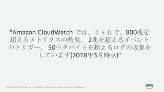 © 2018, Amazon Web Services, Inc. or its Affiliates. All rights reserved. Amazon Confidential and Trademark
“Amazon CloudWatch では、１ヶ月で、800兆を
超えるメトリクスの監視、 2兆を超えるイベント
のトリガー、 50ペタバイトを超えるログの収集を
しています(2018年3月時点)”
 