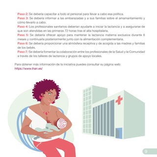 Paso 2: Se debería capacitar a todo el personal para llevar a cabo esa política.
Paso 3: Se debería informar a las embarazadas y a sus familias sobre el amamantamiento y
cómo llevarlo a cabo.
Paso 4: Los profesionales sanitarios deberían ayudarle a iniciar la lactancia y a asegurarse de
que son atendidas en las primeras 72 horas tras el alta hospitalaria.
Paso 5: Se debería ofrecer apoyo para mantener la lactancia materna exclusiva durante 6
meses y continuarla posteriormente junto con la alimentación complementaria.
Paso 6: Se debería proporcionar una atmósfera receptiva y de acogida a las madres y familias
de los bebés.
Paso 7: Se debería fomentar la colaboración entre los profesionales de la Salud y la Comunidad
a través de los talleres de lactancia y grupos de apoyo locales.
Para obtener más información de la iniciativa puedes consultar su página web:
https://www.ihan.es/
9
 