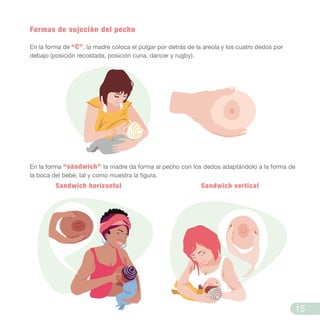 Formas de sujeción del pecho
En la forma de “C”, la madre coloca el pulgar por detrás de la areola y los cuatro dedos por
debajo (posición recostada, posición cuna, dancer y rugby).
En la forma “sándwich” la madre da forma al pecho con los dedos adaptándolo a la forma de
la boca del bebé, tal y como muestra la figura.
Sandwich horizontal Sandwich vertical
15
 