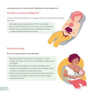 Las posturas más comúnmente utilizadas son las siguientes:
Posición en crianza biológica®
Es útil si tienes dificultades con el agarre o dolor al permanecer sentada.
Para ello:
·Colócate semirecostada entre 15º-65º y cómoda.
·Pon al bebé encima de ti con la cara entre sus pechos.
·Permite que se desplace y que cabeceando busque
y agarre espontáneamente el pezón.
Posición de cuna
Es una de las posturas más utilizadas
·Apoya la cabeza del bebé en el antebrazo, no en el
pliegue del codo, y la mano en la espalda en lugar de en
las nalgas.
·El bébé tiene que estar en estrecho contacto con tu
cuerpo, con la cabeza y su cuerpo bien alineados frente
al pecho y el pezón a la altura de la nariz.
·Acerca al bebé al pecho en lugar de desplazar el pecho
hacia la boca del bebé y dale tiempo a que lo agarre
espontáneamente.
16
 