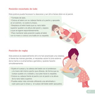 Posición recostada de lado
Esta postura puede favorecer tu descanso y ser útil si tienes dolor en el periné.
·Túmbate de lado.
·Coloca al bebé con su cabeza frente a tu pecho y apoyada
en el colchón, no sobre tu brazo.
·Desplaza al bebé hasta que su nariz-labio
superior queden a la altura del pezón y espera
a que se agarre espontáneamente.
·Para mantener esta posición sujeta al bebé
con la mano o coloca una toalla en su espalda.
Posición de rugby
Esta postura es especialmente útil si te han practicado una cesárea,
si tienes las mamas grandes, si necesitas vaciar la zona externa
de la mama o si amamantas a gemelos y quieres hacerlo
simultáneamente.
·Sujeta el cuerpo y la cabeza del bebé con el antebrazo
y la mano del mismo pecho que ofreces, de forma que su
cuerpo quede a tu costado y sus pies hacia tu espalda.
·Coloca su cabeza frente al pecho con el pezón a la altura
de la nariz-labio superior.
·Puedes estar más cómoda utilizando una almohada o
cojín para que tu brazo y el cuerpo del bebé estén apoyados.
17
 