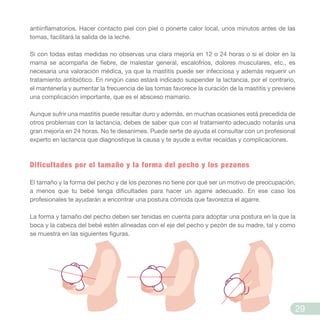 antiinflamatorios. Hacer contacto piel con piel o ponerte calor local, unos minutos antes de las
tomas, facilitará la salida de la leche.
Si con todas estas medidas no observas una clara mejoría en 12 o 24 horas o si el dolor en la
mama se acompaña de fiebre, de malestar general, escalofríos, dolores musculares, etc., es
necesaria una valoración médica, ya que la mastitis puede ser infecciosa y además requerir un
tratamiento antibiótico. En ningún caso estará indicado suspender la lactancia, por el contrario,
el mantenerla y aumentar la frecuencia de las tomas favorece la curación de la mastitis y previene
una complicación importante, que es el absceso mamario.
Aunque sufrir una mastitis puede resultar duro y además, en muchas ocasiones está precedida de
otros problemas con la lactancia, debes de saber que con el tratamiento adecuado notarás una
gran mejoría en 24 horas. No te desanimes. Puede serte de ayuda el consultar con un profesional
experto en lactancia que diagnostique la causa y te ayude a evitar recaídas y complicaciones.
Dificultades por el tamaño y la forma del pecho y los pezones
El tamaño y la forma del pecho y de los pezones no tiene por qué ser un motivo de preocupación,
a menos que tu bebé tenga dificultades para hacer un agarre adecuado. En ese caso los
profesionales te ayudarán a encontrar una postura cómoda que favorezca el agarre.
La forma y tamaño del pecho deben ser tenidas en cuenta para adoptar una postura en la que la
boca y la cabeza del bebé estén alineadas con el eje del pecho y pezón de su madre, tal y como
se muestra en las siguientes figuras.
29
 
