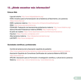 13. ¿Dónde encontrar más información?
Enlaces Web
· Liga de la leche: http://www.laligadelaleche.org/
· IHAN: Iniciativa para la Humanización de la Asistencia al Nacimiento y la Lactancia:
https://www.ihan.es/
· OMS: Lactancia materna: http://www.who.int/topics/breastfeeding/es/
· SINA: http://www.asociacionsina.org
· FEDALMA: Federación de Asociaciones prolactancia materna: http://www.fedalma.org/
· Alianza Mundial Prolactancia materna (WABA): http://waba.org.my/
· El parto es nuestro: https://www.elpartoesnuestro.es/informacion/lactancia
· Haurdun: https://haurdun.wordpress.com/
· Alba lactancia materna: http://albalactanciamaterna.org/
· LACTAPP: http://www.lactapp.es/
Sociedades científicas y profesionales
· Comité de lactancia de la Asociación española de pediatría:
http://www.aeped.es/comite-lactancia-materna/documentos-sobre-lactancia-materna
· Asociación Española de Consultoras Certificadas de Lactancia Materna AECCLM:
http://www.ibclc.es
· APILAM. Asociación para la Promoción e Investigación científica y cultural de la Lactancia 	
Materna. Apilam.org · www.e-lactancia.org · www.telasmos.org
39
 