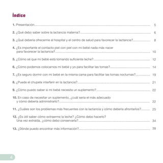 Índice
1. Presentación.....................................................................................................................................
2. ¿Qué debo saber sobre la lactancia materna?.................................................................................
3. ¿Qué debería ofrecerme el hospital y el centro de salud para favorecer la lactancia?....................
4. ¿Es importante el contacto piel con piel con mi bebé nada más nacer
para favorecer la lactancia?.............................................................................................................
5. ¿Cómo sé que mi bebé está tomando suficiente leche?.................................................................
6. ¿Cómo podemos colocarnos mi bebé y yo para facilitar las tomas?..............................................
7. ¿Es seguro dormir con mi bebé en la misma cama para facilitar las tomas nocturnas?.................
8. ¿Puede el chupete interferir en la lactancia?...................................................................................
9. ¿Cómo puedo saber si mi bebé necesita un suplemento?..............................................................
10. En caso de necesitar un suplemento, ¿cuál sería el más adecuado
y cómo debería administrarlo?........................................................................................................
11. ¿Cuáles son los problemas más frecuentes con la lactancia y cómo debería afrontarlos?..........
12. ¿Es útil saber cómo extraerme la leche? ¿Cómo debo hacerlo?
Una vez extraída, ¿cómo debo conservarla?..................................................................................
13. ¿Dónde puedo encontrar más información?..................................................................................
4
5
6
8
10
12
14
19
21
22
22
25
34
39
 