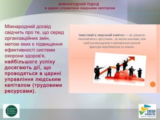 Міжнародний досвід
свідчить про те, що серед
організаційних змін,
метою яких є підвищення
ефективності системи
охорони здоров'я,
найбільшого успіху
досягають дії, що
проводяться в царині
управління людським
капіталом (трудовими
ресурсами).
МІЖНАРОДНИЙ ПІДХІД
в царині управління людським капіталом
 