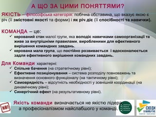 А ЩО ЗА ЦИМИ ПОНЯТТЯМИ?
ЯКІСТЬ – філософська категорія: побічна обставина, що вказує якою є
річ (її змістовні якості та форми) і як річ діє (її спосібності та навички).
КОМАНДА – це:
 керований стан малої групи, яка володіє навичками самоорганізації та
живе за внутрішніми правилами, виробленими для ефективного
вирішення командних завдань.
 керована мала група, що постійно розвивається і вдосконалюється
задля ефективного вирішення командних завдань.
Для Команди характерні:
 Спільне бачення (на стратегічному рівні);
 Ефективне позиціонування – система розподілу повноважень та
визначення основного функціоналу (на тактичному рівні);
 Самоврядність – відсутність необхідності у зовнішній координації (на
динамічному рівні);
 Синергічний ефект (на результативному рівні).
Якість команди визначається не якістю лідера,
а професіоналізмом найслабшого у команді.
 