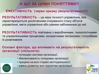 А ЩО ЗА ЦИМИ ПОНЯТТЯМИ?
ЕФЕКТИВНІСТЬ (через призму результативності)
РЕЗУЛЬТАТИВНІСТЬ – це міра точності управління, яка
характеризується досягненням очікуваного стану об'єкта
управління, мети управління або рівнем наближення до неї.
РЕЗУЛЬТАТИВНІСТЬ пов'язана з виробничими, технологічними
та управлінськими процесами, конкретними питаннями і способами
їх розв'язання.
Основні фактори, що впливають на результативність
організації (спільноти):
• потенціал системи організації;
• збалансованість складових організації;
• процеси на всіх стадіях життєдіяльності;
• рівень розвитку всіх підсистем організації.
 