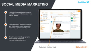 SOCIAL MEDIA MARKETING
Each campaign is tailored to a specific
type of interaction and is designed to
encourage a specific action by users.
Targeting customers by geographic
region, gender, languages,
interests, and possibly more.
Twitter promotes awareness, collects
more followers, and directs visitors to a
specific website.
Twitter Ad in the News Feed
 