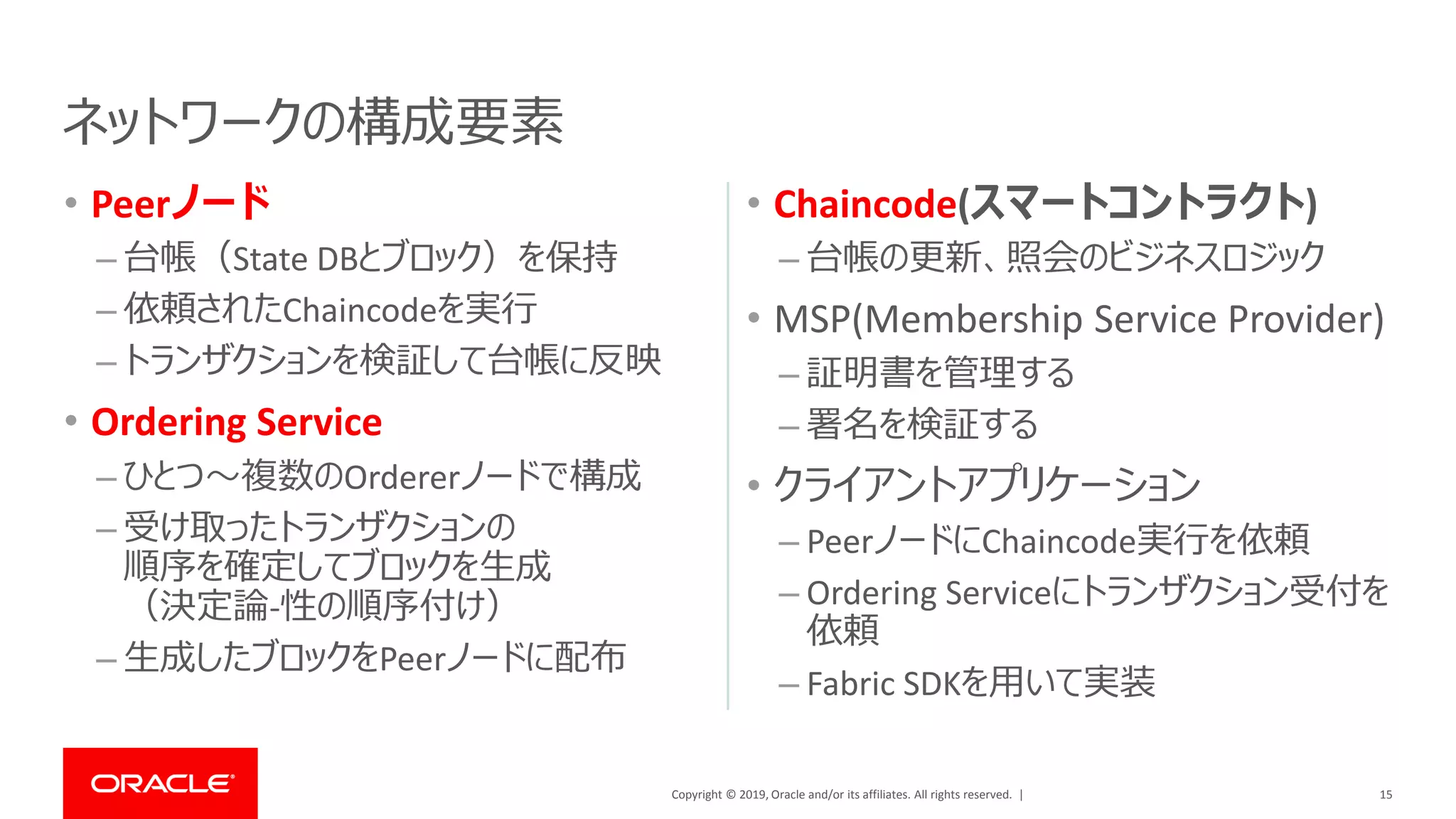 Copyright © 2019, Oracle and/or its affiliates. All rights reserved. |
• Peerノード
– 台帳（State DBとブロック）を保持
– 依頼されたChaincodeを実行
– トランザクションを検証して台帳に反映
• Ordering Service
– ひとつ～複数のOrdererノードで構成
– 受け取ったトランザクションの
順序を確定してブロックを生成
（決定論-性の順序付け）
– 生成したブロックをPeerノードに配布
• Chaincode(スマートコントラクト)
– 台帳の更新、照会のビジネスロジック
• MSP(Membership Service Provider)
– 証明書を管理する
– 署名を検証する
• クライアントアプリケーション
– PeerノードにChaincode実行を依頼
– Ordering Serviceにトランザクション受付を
依頼
– Fabric SDKを用いて実装
15
ネットワークの構成要素
 
