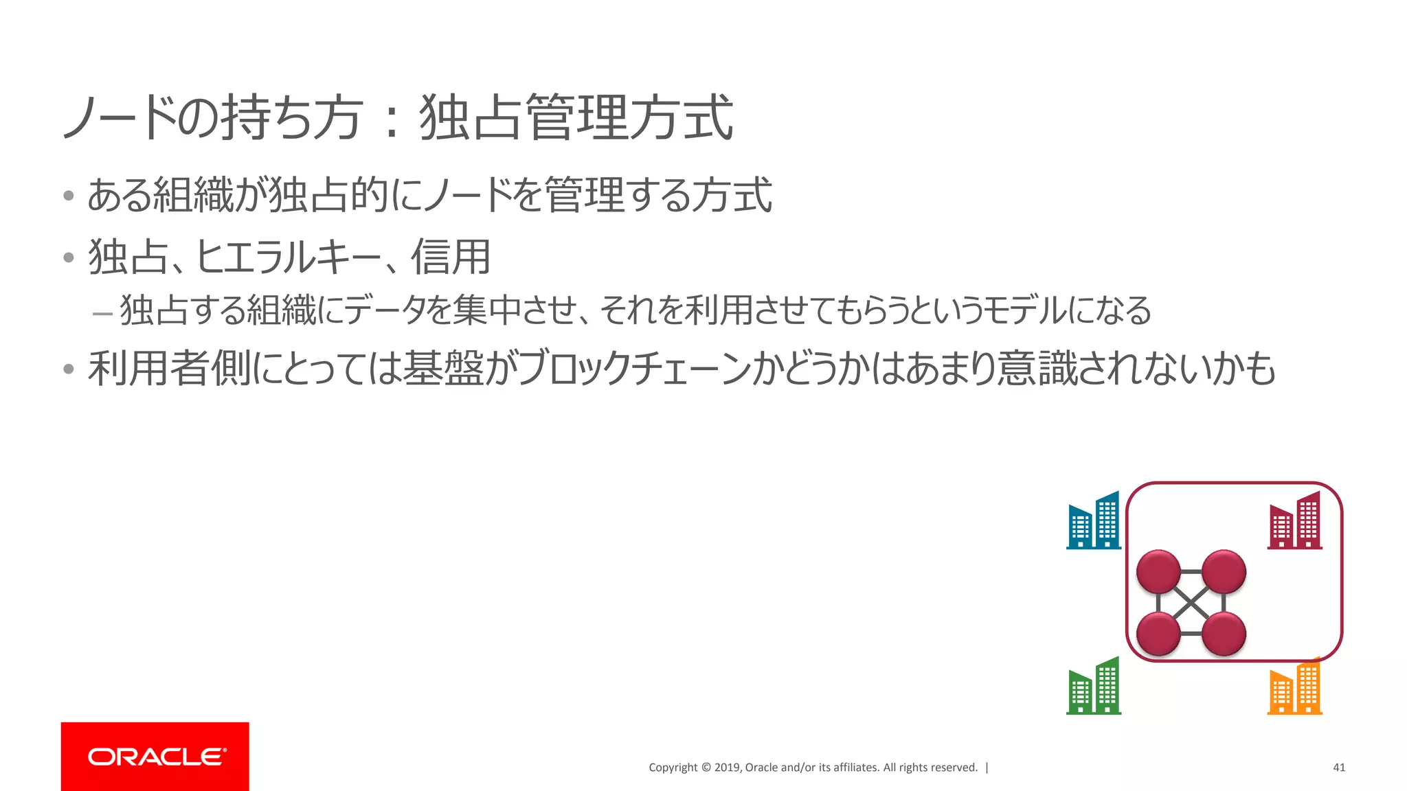 Copyright © 2019, Oracle and/or its affiliates. All rights reserved. |
ノードの持ち方：独占管理方式
• ある組織が独占的にノードを管理する方式
• 独占、ヒエラルキー、信用
– 独占する組織にデータを集中させ、それを利用させてもらうというモデルになる
• 利用者側にとっては基盤がブロックチェーンかどうかはあまり意識されないかも
41
 