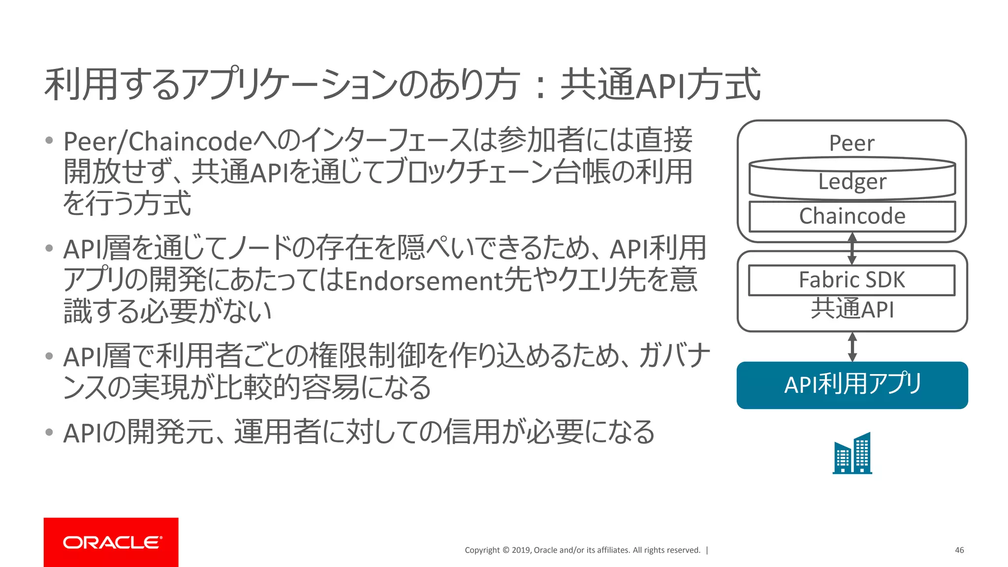 Copyright © 2019, Oracle and/or its affiliates. All rights reserved. |
利用するアプリケーションのあり方：共通API方式
• Peer/Chaincodeへのインターフェースは参加者には直接
開放せず、共通APIを通じてブロックチェーン台帳の利用
を行う方式
• API層を通じてノードの存在を隠ぺいできるため、API利用
アプリの開発にあたってはEndorsement先やクエリ先を意
識する必要がない
• API層で利用者ごとの権限制御を作り込めるため、ガバナ
ンスの実現が比較的容易になる
• APIの開発元、運用者に対しての信用が必要になる
46
共通API
Peer
Chaincode
Ledger
Fabric SDK
API利用アプリ
 