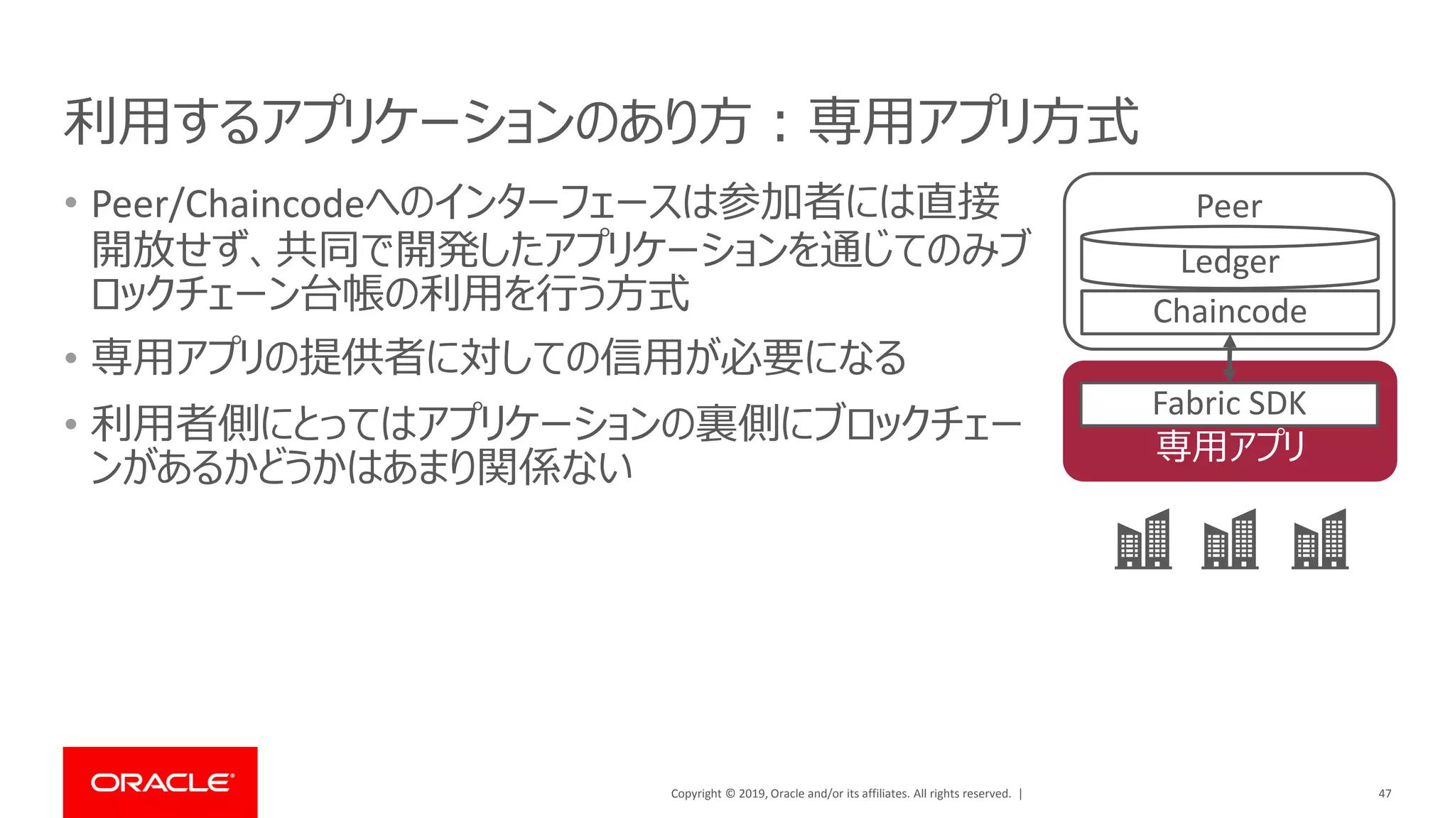 Copyright © 2019, Oracle and/or its affiliates. All rights reserved. |
利用するアプリケーションのあり方：専用アプリ方式
• Peer/Chaincodeへのインターフェースは参加者には直接
開放せず、共同で開発したアプリケーションを通じてのみブ
ロックチェーン台帳の利用を行う方式
• 専用アプリの提供者に対しての信用が必要になる
• 利用者側にとってはアプリケーションの裏側にブロックチェー
ンがあるかどうかはあまり関係ない
47
専用アプリ
Peer
Chaincode
Ledger
Fabric SDK
 
