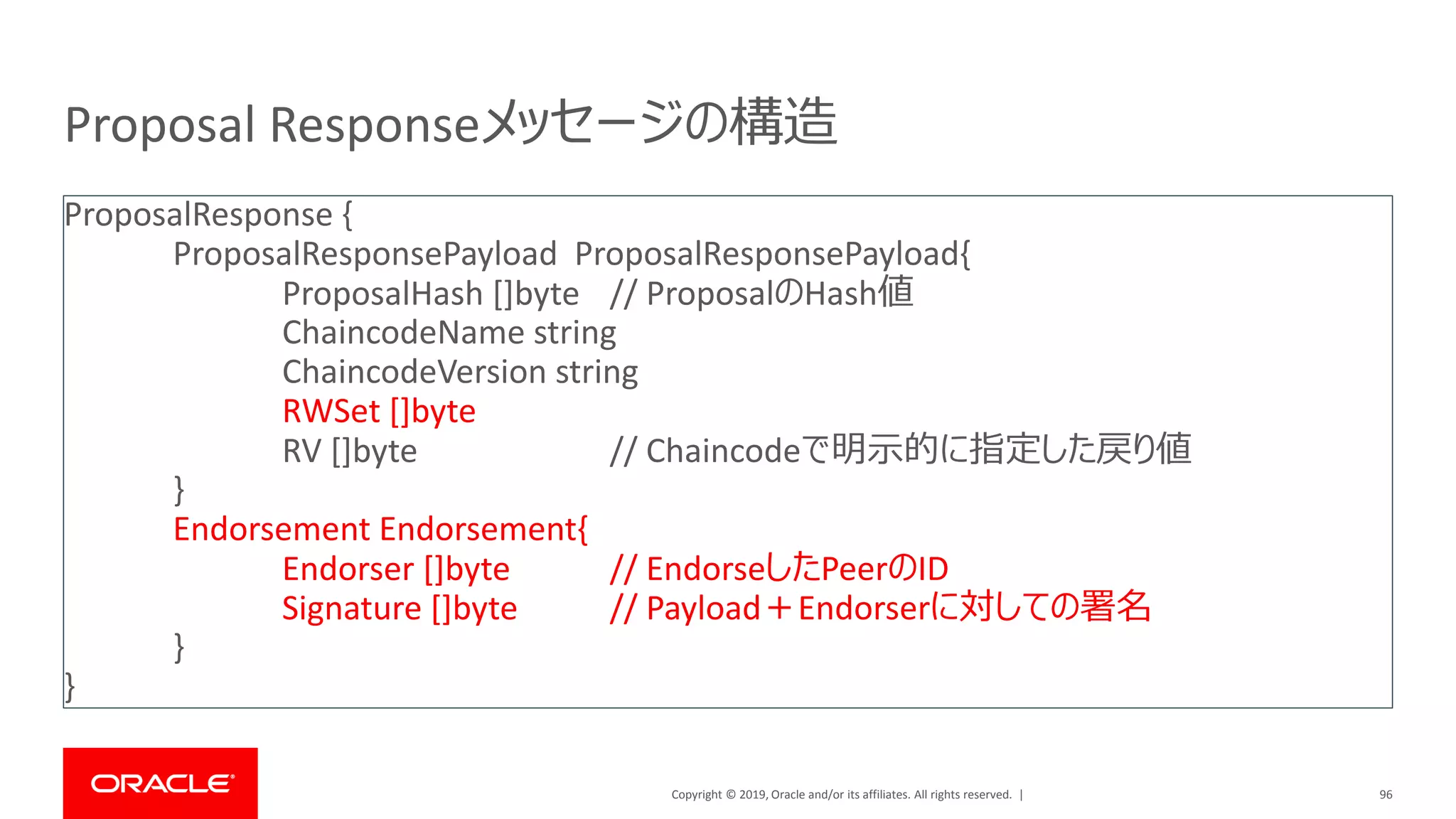 Copyright © 2019, Oracle and/or its affiliates. All rights reserved. |
Proposal Responseメッセージの構造
96
ProposalResponse {
ProposalResponsePayload ProposalResponsePayload{
ProposalHash []byte // ProposalのHash値
ChaincodeName string
ChaincodeVersion string
RWSet []byte
RV []byte // Chaincodeで明示的に指定した戻り値
}
Endorsement Endorsement{
Endorser []byte // EndorseしたPeerのID
Signature []byte // Payload＋Endorserに対しての署名
}
}
 