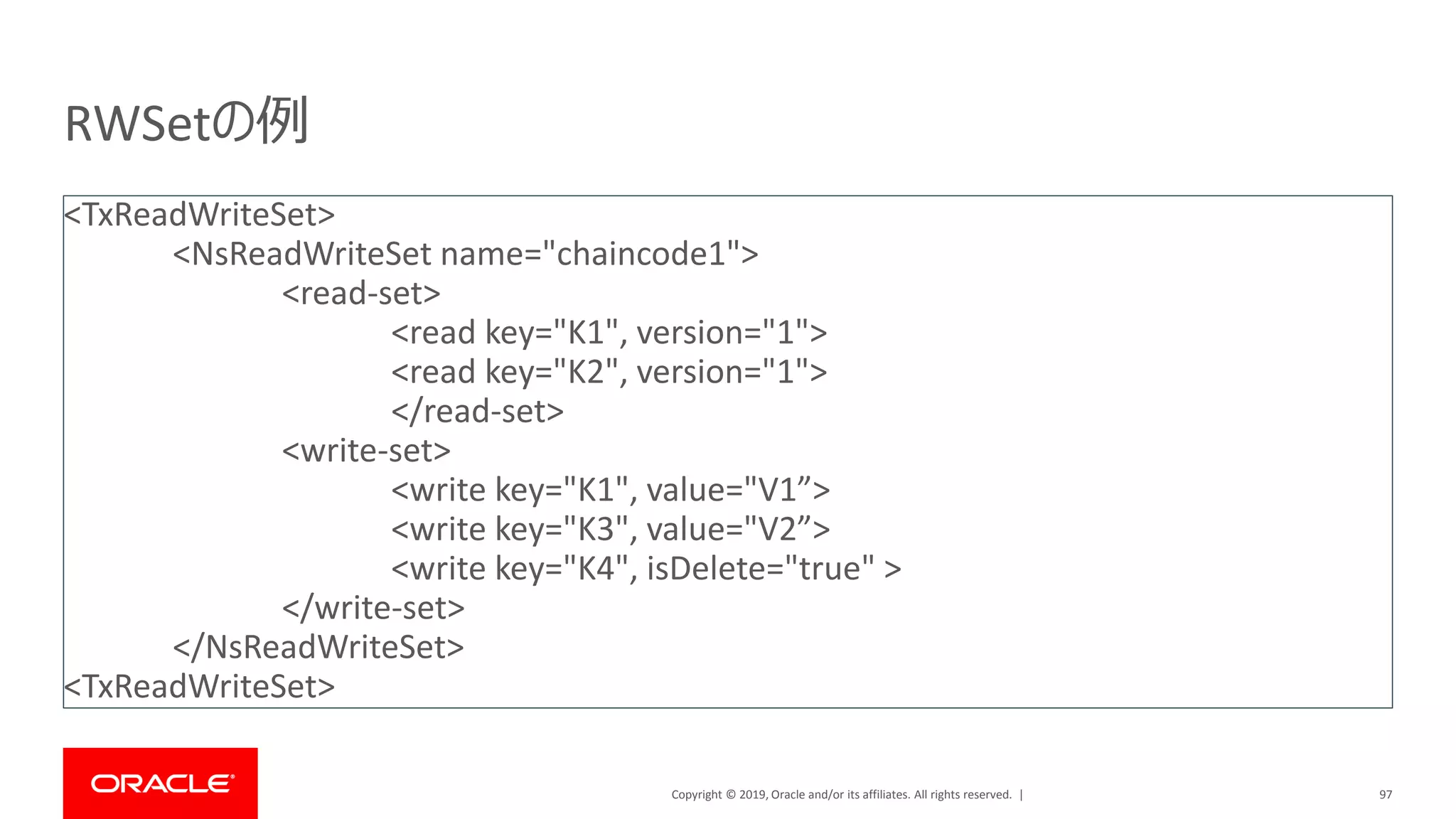 Copyright © 2019, Oracle and/or its affiliates. All rights reserved. |
RWSetの例
97
<TxReadWriteSet>
<NsReadWriteSet name="chaincode1">
<read-set>
<read key="K1", version="1">
<read key="K2", version="1">
</read-set>
<write-set>
<write key="K1", value="V1”>
<write key="K3", value="V2”>
<write key="K4", isDelete="true" >
</write-set>
</NsReadWriteSet>
<TxReadWriteSet>
 