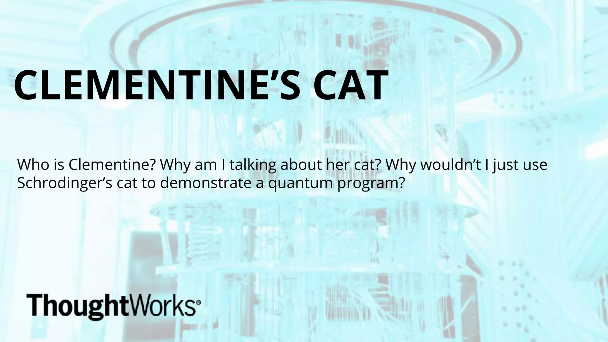 CLEMENTINE’S CAT
Who is Clementine? Why am I talking about her cat? Why wouldn’t I just use
Schrodinger’s cat to demonstrate a quantum program?
 