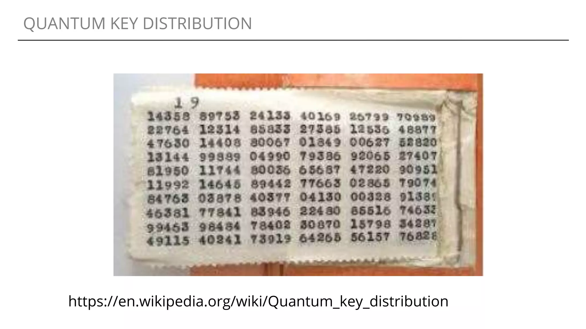 QUANTUM KEY DISTRIBUTION
https://en.wikipedia.org/wiki/Quantum_key_distribution
 