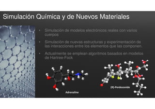 Simulación Química y de Nuevos Materiales
• Simulación de modelos electrónicos reales con varios
cuerpos
• Simulación de nuevas estructuras y experimentación de
las interacciones entre los elementos que las componen.
• Actualmente se emplean algoritmos basados en modelos
de Hartree-Fock
Adrenaline
(R)-Perdesonide
 