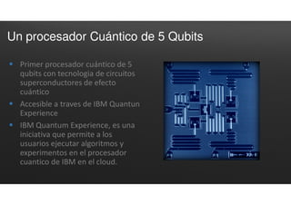 Un procesador Cuántico de 5 Qubits
 Primer procesador cuántico de 5
qubits con tecnologia de circuitos
superconductores de efecto
cuántico
 Accesible a traves de IBM Quantun
Experience
 IBM Quantum Experience, es una
iniciativa que permite a los
usuarios ejecutar algoritmos y
experimentos en el procesador
cuantico de IBM en el cloud.
 