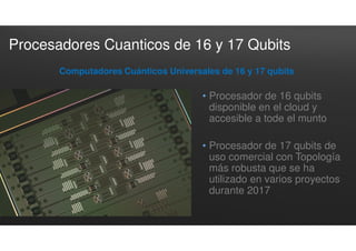 Procesadores Cuanticos de 16 y 17 Qubits
• Procesador de 16 qubits
disponible en el cloud y
accesible a tode el munto
• Procesador de 17 qubits de
uso comercial con Topología
más robusta que se ha
utilizado en varios proyectos
durante 2017
Computadores Cuánticos Universales de 16 y 17 qubits
 