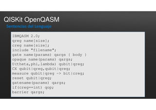 QISKit OpenQASM
Sentencias del Lenguaje
IBMQASM 2.0;
qreg name[size];
creg name[size];
include "filename";
gate name(params) qargs { body }
opaque name(params) qargs;
U(theta,phi,lambda) qubit|qreg;
CX qubit|qreg,qubit|qreg;
measure qubit|qreg -> bit|creg;
reset qubit|qreg;
gatename(params) qargs;
if(creg==int) qop;
barrier qargs;
 