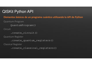QISKit Python API
Elementos básicos de un programa cuántico utilizando la API de Python
Quantum Program
QuantumProgram()
Circuit
.create_circuit()
Quantum Register
.create_quantum_registers()
Classical Register
.create_classical_registers()
 