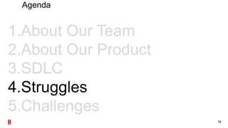 12
1.About Our Team
2.About Our Product
3.SDLC
4.Struggles
5.Challenges
Agenda
 