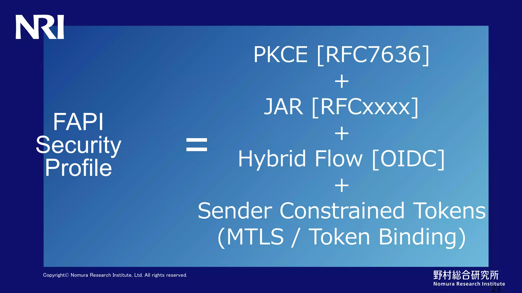 Copyright© Nomura Research Institute, Ltd. All rights reserved.
PKCE [RFC7636]
+
JAR [RFCxxxx]
+
Hybrid Flow [OIDC]
+
Sender Constrained Tokens
(MTLS / Token Binding)
23
FAPI
Security
Profile
=
 