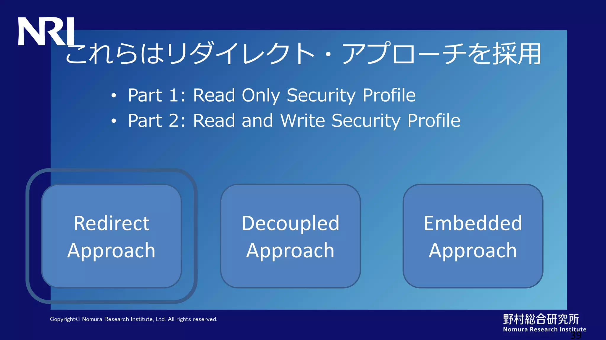 Copyright© Nomura Research Institute, Ltd. All rights reserved.
これらはリダイレクト・アプローチを採用
• Part 1: Read Only Security Profile
• Part 2: Read and Write Security Profile
39
Redirect
Approach
Decoupled
Approach
Embedded
Approach
 