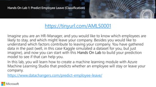 Hands On Lab 1: Predict Employee Leave (Classification)
https://tinyurl.com/AMLS0001
https://www.datachangers.com/predict-employee-leave/
 