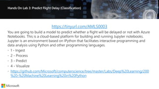 Hands On Lab 3: Predict Flight Delay (Classification)
https://tinyurl.com/AMLS0003
https://github.com/Microsoft/computerscience/tree/master/Labs/Deep%20Learning/200
%20-%20Machine%20Learning%20in%20Python
 