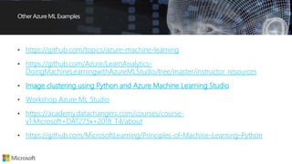 Other Azure ML Examples
https://github.com/topics/azure-machine-learning
https://github.com/Azure/LearnAnalytics-
DoingMachineLearningwithAzureMLStudio/tree/master/instructor_resources
Image clustering using Python and Azure Machine Learning Studio
Workshop Azure ML Studio
https://academy.datachangers.com/courses/course-
v1:Microsoft+DAT275x+2018_T4/about
https://github.com/MicrosoftLearning/Principles-of-Machine-Learning-Python
 