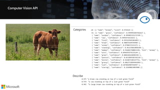Content of Image:
Categories v0: [{ “name”: “animal”, “score”: 0.9765625 }]
V1: [{ "name": "grass", "confidence": 0.9999992847442627 },
{ "name": "outdoor", "confidence": 0.9999072551727295 },
{ "name": "cow", "confidence": 0.99954754114151 },
{ "name": "field", "confidence": 0.9976195693016052 },
{ "name": "brown", "confidence": 0.988935649394989 },
{ "name": "animal", "confidence": 0.97904372215271 },
{ "name": "standing", "confidence": 0.9632768630981445 },
{ "name": "mammal", "confidence": 0.9366017580032349, "hint": "animal" },
{ "name": "wire", "confidence": 0.8946959376335144 },
{ "name": "green", "confidence": 0.8844101428985596 },
{ "name": "pasture", "confidence": 0.8332059383392334 },
{ "name": "bovine", "confidence": 0.5618471503257751, "hint": "animal" },
{ "name": "grassy", "confidence": 0.48627158999443054 },
{ "name": "lush", "confidence": 0.1874018907546997 },
{ "name": "staring", "confidence": 0.165890634059906 }]
Describe
0.975 "a brown cow standing on top of a lush green field“
0.974 “a cow standing on top of a lush green field”
0.965 “a large brown cow standing on top of a lush green field”
Computer Vision API
 