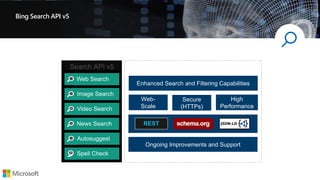 Bing Search API v5
REST
Enhanced Search and Filtering Capabilities
Ongoing Improvements and Support
Web-
Scale
High
Performance
Secure
(HTTPs)
 