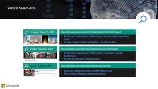 Vertical Search APIs
https://bingapis.azure-api.net/v5/images/search?q=shuttle+launch
• Enhanced metadata and filters (size, license, style, freshness,
color)
• Image insights (entity recognition, visually similar)
source: nasa.gov
https://bingapis.azure-api.net/v5/videos/search?q=viral+videos
• Enhanced metadata and filters (price, resolution, length,
freshness)
• Motion thumbnails (video preview)
source: youtube.com
https://bingapis.azure-api.net/v5/news/search?q=cuba
• News by category/market, and trending news
• Rich article metadata (featured entities)
News Search API
source: cnn.com
 