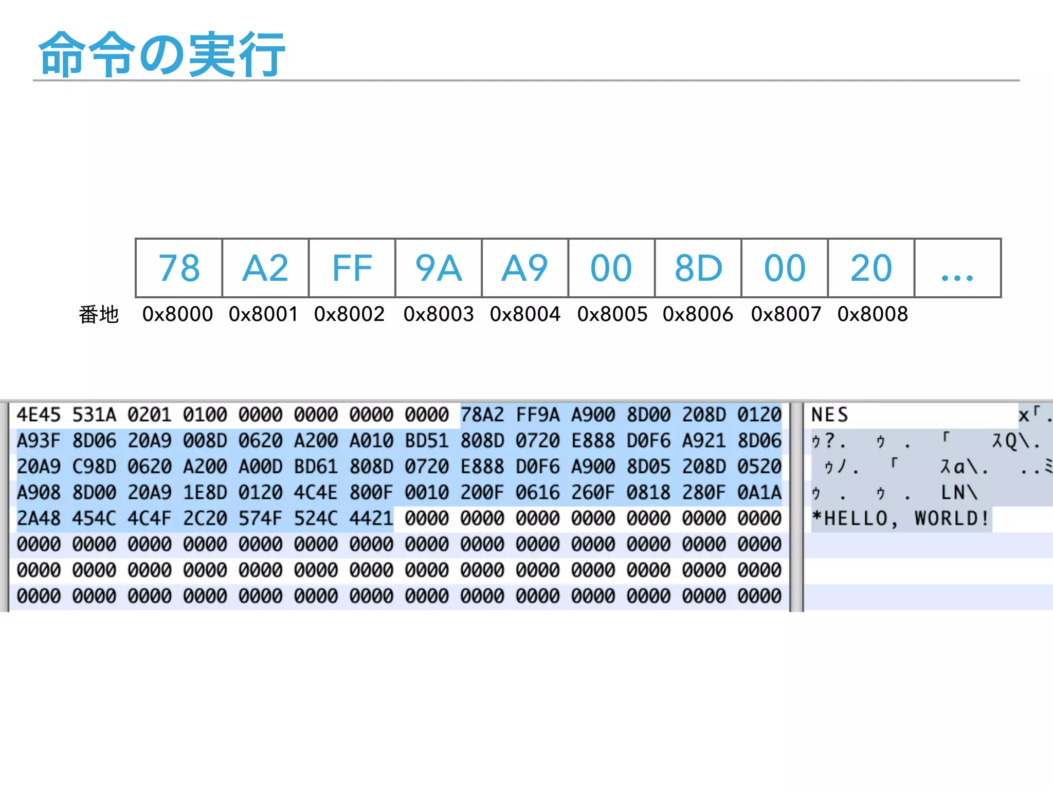 78 A2 FF 9A A9 00 8D 00 20 …
0x8000 0x8001 0x8002 0x8003 0x8004 0x8005 0x8006 0x8007 0x8008
 