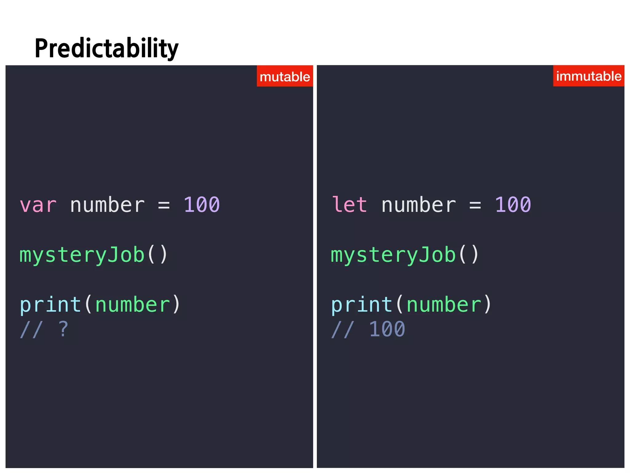 D DI
var number = 100
mysteryJob()
print(number)
// ?
let number = 100
mysteryJob()
print(number)
// 100
mutable immutable
 