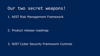 Our two secret weapons!
1. NIST Risk Management Framework
2. Product release roadmap
3. NIST Cyber Security Framework Controls
 
