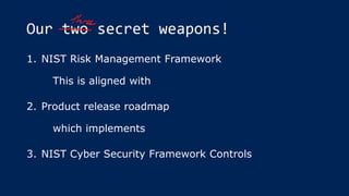 Our two secret weapons!
1. NIST Risk Management Framework
This is aligned with
2. Product release roadmap
which implements
3. NIST Cyber Security Framework Controls
 