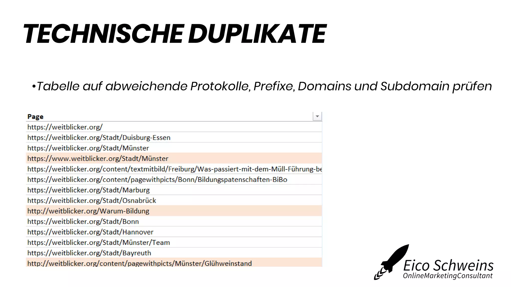 TECHNISCHE DUPLIKATE
•Tabelle auf abweichende Protokolle, Prefixe, Domains und Subdomain prüfen
 