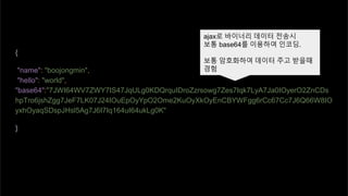 {
"name": "boojongmin",
"hello": "world",
"base64":"7JWI64WV7ZWY7IS47JqULg0KDQrquIDroZzrsowg7Zes7Iqk7LyA7Ja0IOyerO2ZnCDs
hpTro6jshZgg7JeF7LK07J24IOuEpOyYpO2Ome2KuOyXkOyEnCBYWFgg6rCc67Cc7J6Q66W8IO
yxhOyaqSDspJHsl5Ag7J6I7Iq164uI64ukLg0K"
}
ajax로 바이너리 데이터 전송시
보통 base64를 이용하여 인코딩.
보통 암호화하여 데이터 주고 받을때
경험
 